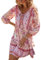 TcIFE Women's Bohemian Tunic Dress 3/4 Sleeve V-Neck Beach Summer Dresses Vintage Floral Print Tunic Dress Short Tops Pink