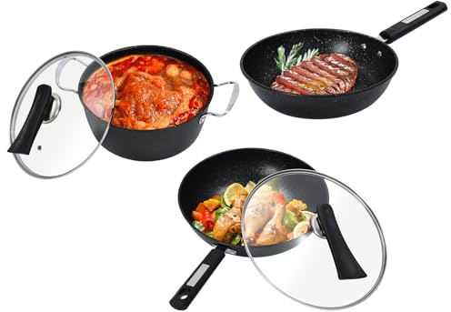 Pfannenset 5 Teilig Topfset Induktion Wok Bratpfanne und Kochtopf mit 2 Glasdeckel und Antihaftbeschichtung Stapelbar Kochtopf Set 24/24/32 cm für Gas-Kochfelder Gasherde Induktionskochfelder