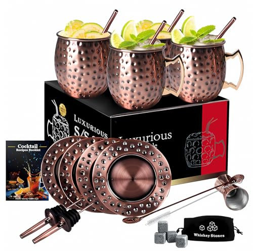Moscow Mule Becher 4er Set,Cocktailbecher Set mit 500ml Edelstahl Mule Tassen，Untersetzer, Strohhalmen, Löffel, Reinigungsbürste, Messbecher, Cocktailgläser Geschenkset (bronze001)