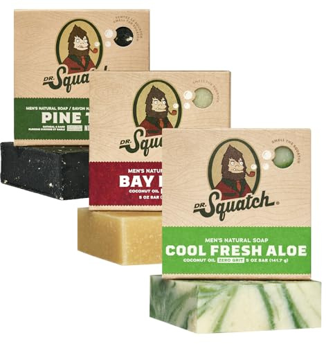 Dr. Squatch Natural Men’s Bar Soap - Cold Process Body Soap Bar with Natural Oils - Gifts for Men - Bay Rum, Cool Fresh Aloe & Pine Tar (142g, 3 pack)