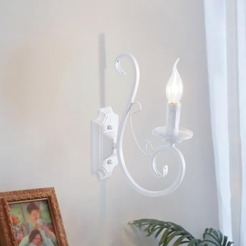 Ganeed Applique da parete applique da comodino con design in ferro battuto dall'aspetto antico applique da parete retrò per soggiorno tromba scale e14 bianco 1 luce (2 confezioni)