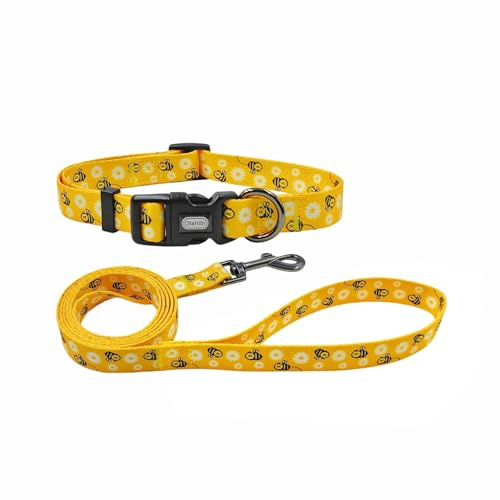 Olahibi Set di Collare e Guinzaglio per Cani, Motivo Ape, Materiale in Poliestere, Guinzaglio da 150CM Abbinabile, per Cani di Piccola Taglia (S, Ape)
