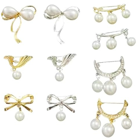 10 PCS Pearl Brooch Pins - Women Safety Pins for Clothing | Sweater Shawl Clip with Rhinestones | Waist Tightener for Dress Pants Skirt