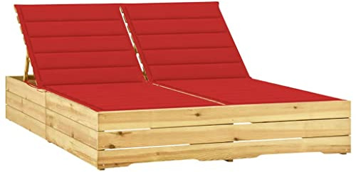 HaoChrymec Bain de Soleil Double, Transat Jardin 2 Places en Pin Imprégné, Dossier Réglable, avec Coussin Rouge, Résistant aux Intempéries, pour Terrasse, Jardin, Piscine, 198 x 135 x 30-75 cm