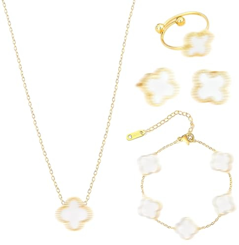 GNALIA Van Cleef Estilo Conjunto De Joyas Trébol De Cuatro Hojas, Color Dorado, Acero Inoxidable, Collar Y Pulsera Ajustables, Pendientes, 1 Set De 3 Piezas, Regalo Para Mujer