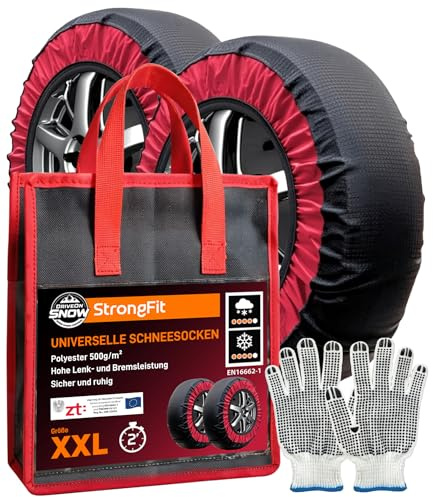 Textile Schneeketten für Autos EN 16662-1-zertifiziert Größe XXL - DriveOnSnow StrongFit Besserer Grip schnelle Montage 2 Min und höhere Zuverlässigkeit sicher auf Schnee und Eis bis zu 40 km/h