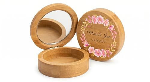 SOUVENIRS FACTORYPack de 12 Espejos de Bolsillo de Bambú – Mini Joyero Redondo con Espejo – Tapa Personalizable para Grabado – Lote 12 Unidades para Regalos, Detalles de Boda, Eventos y Manualidades