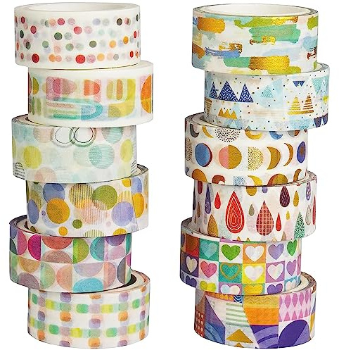 YUBBAEX Washi Tape Set 12 Rolls Cute Gold Foil Decorative Masking Tape Scrapbooking Tape for DIY Art & Crafts and Gift Wrapping Holiday Decoration Office,15mm x 3M (Basic Patterns)