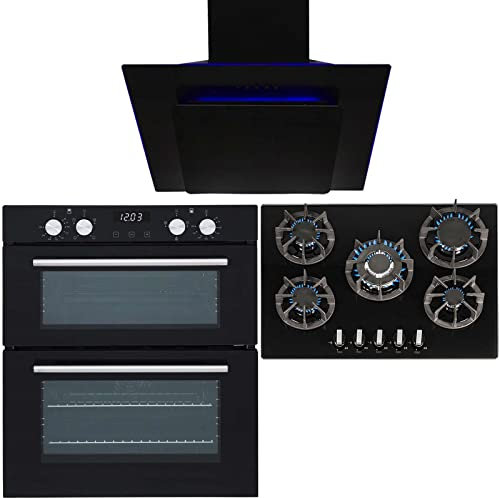 SIA 60cm Black Built Under Double Electric Oven, 70cm Gas Hob & Cooker Hood Fan