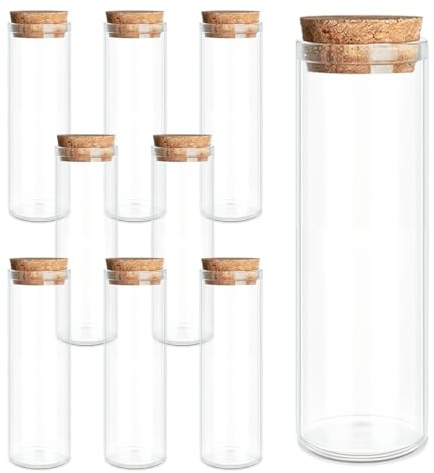 9-Pack 1.69 oz (50 ml) Glass Bottles & Test Tubes with Cork Stoppers – for Spell Jars, Spice Storage, DIY Favors, Travel Memories, Plant Propagation – Empty Recyclable Containers for Crafts, Kitchen