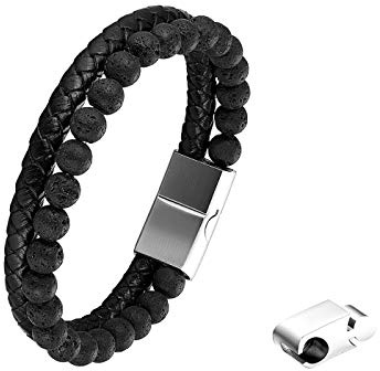 Flongo herrarmband män kedja läderarmband, rostfritt stål flätat läder äkta läder armband armring armband kors länk svart silver guld biker män tillbehör, 21 cm, Läder Sten