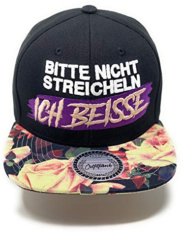 Outfitfabrik Snapback Cap Bitte Nicht streicheln, ich beiße in schwarz mit Flower-Muster-Schirm und 3D-Stick in rosa und weiß (Statement, Spruch, Blumen), One Size