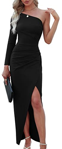 Sarin Mathews Womens One Shoulder Long Sleeve Cocktail Dresses Sexy Bodycon Ruched Wrap Split Party Formal Long Dress Black M