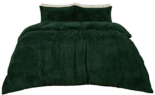 Brentfords Teddy Fleece Duvet Forest Green, Super King Teddy Fleece Duvet Set Christmas Bedding Ultra Soft Super Kingsize Duvet Cover Sets with Pillowcases