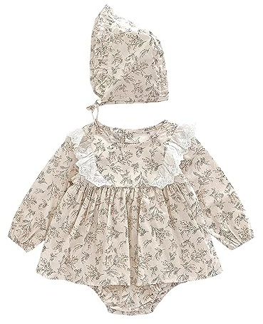 Sanlutoz Höst Långärmad Baby Flickor Bodysuits Prinsessa Småbarn Flickor Kläder Blomma Spets Söt med Hat (BRW1107, 0–6 månader)