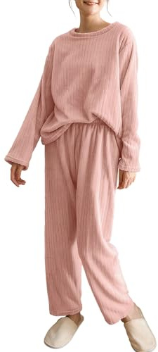 Hveuluop Gieen Conjunto de Pijama de Mujer de Canalé – Camiseta de Manga Larga con Cuello Redondo y Pantalón de Felpa Coral, Corte Cómodo, en Terciopelo Coral, Talla Única.