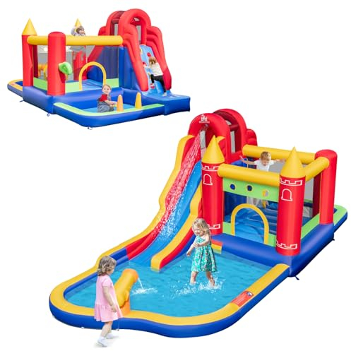 GOPLUS Hüpfburg, Trocken-/Wasserrutsche mit Rutsche, Basketballkorb, Kletterwand, Boxscheibe, Planschbecken, Ballgrub & Hüpfhaus, Aufblasbare Burg für Kinder 3-10 Jahre (7 in 1, Mit Gebläse)