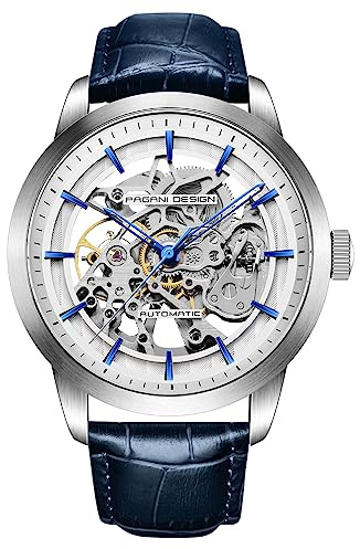 Pagani Design Classique Fashion Montre mécanique Automatique Squelette pour Hommes Bracelet en Cuir Acier Inoxydable Montre étanche Business Analogue Sports à remontage, Bleu