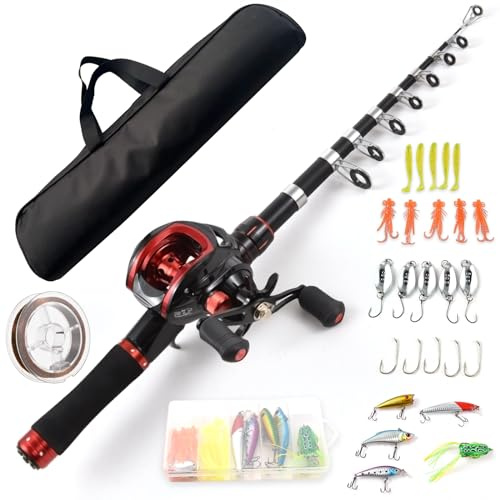 Lixada Ensemble canne à pêche et moulinet avec leurres pour adulte, canne télescopique de 2,1 m avec moulinet 18 + 1BB pour droitier/gauche, kit de pêche portable