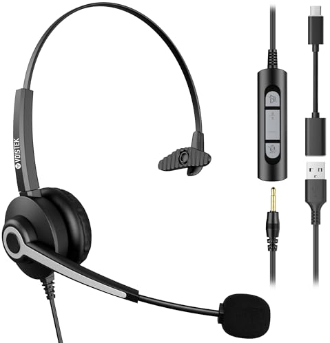 Voistek USB Auriculares con Micrófono, Ligeros de Tipo On-Ear con Cable de 200 cm, Micrófono con Cancelación de Ruido para PC, Portátil, Ordenador, Mac, Oficina, Skype, Teams, Zoom