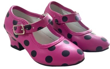 AMARU SANCHESU Flamenco or Sevillana Dance Shoe. Child and Adult Size, Pink Black Dots, 14 UK