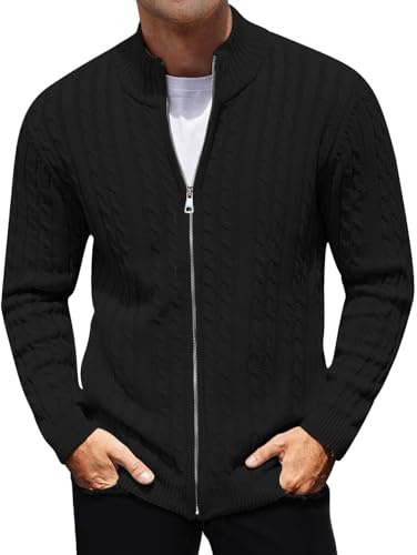 AIYINO Suéter de punto para hombre con cremallera completa, cuello alto, abrigo casual de invierno clásico forrado, Negro, L