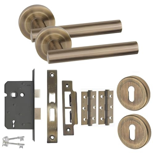 Golden Grace Straight T-Bar Design Key Lock Door Handle Set Hinges and Mortise Lock Antique Brass