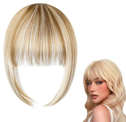 THXFUNAREA Extensiones de pelo con flequillo curvado para uso diario, color dorado