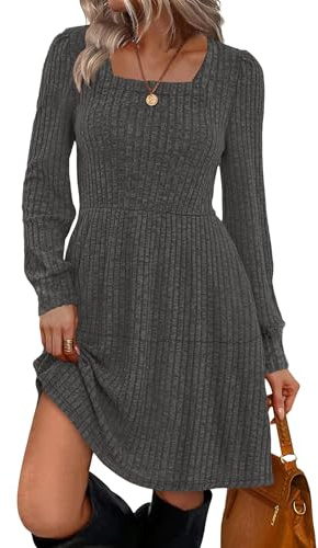 Cicy Bell fritidsklänningar för kvinnor lätt stickad klänning tröja klänning långärmad A-linje casual babydoll höstklänningar, svart, L