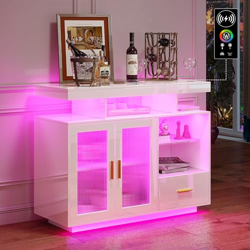 HNEBC LED Sideboard Buffet Cabinet with Charging Station, Smart Bar Cabinet with Auto RGB Lighted, High Gloss Coffee Bar with Drawer/Hutch for Living Room, Dining Room, Home Storager(White)