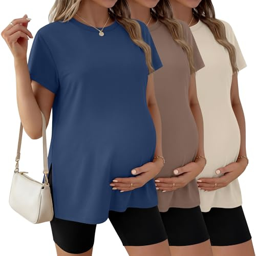 Ficerd, Confezione da 3 Magliette Premaman da Donna, Manica Corta, Spacchi Laterali, Casual, Girocollo, per Gravidanza(Blu Nebbia, caffè, Crema,M)