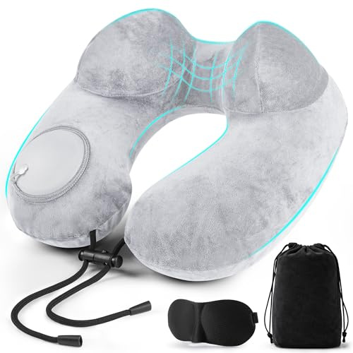 KUOGAS Cuscino da Viaggio Gonfiabile, Cuscino Aereo, Cuscino da Viaggio Regolabile e Portatile, Supporto Ergonomico Cuscino Cervicale, Viaggio Accessori utili con Maschera (grigio chiaro)