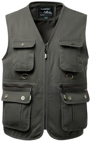 Yukirtiq Chaleco de Pesca Hombre Multibolsillos Chalecos de Caza Safari Chaleco de Fotografo Trabajo, Verde, XL