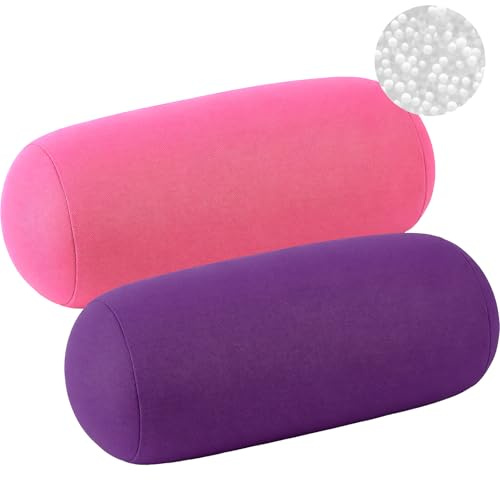2 Pcs Microbead Roll Pillow, Soft Cylindrical Bolster for Neck Support | 30 x 16 cm, Micro Bead Cushion for Sleeping, Home, Travel, Head and Back Support, Purple and Pink