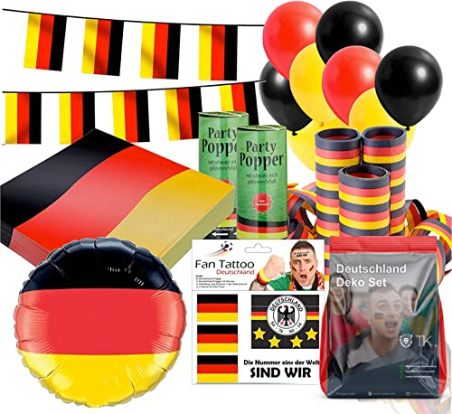 XXL Deutschland Deko EM 2024 Dekoration Set Fanartikel Tischdekoration mit über 50 Teilen wie Luftballons & Wimpelkette & Servietten für Fußball WM, EM