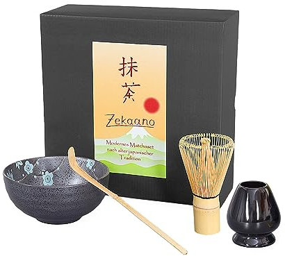 Aricola® Matcha Starter Set 4-teilig, anthrazit/blau gesprenkelt, bestehend aus Matcha-Schale, Matcha-Löffel, Matcha-Besen (Bambus) und Besenhalter in eleganter Geschenkbox.