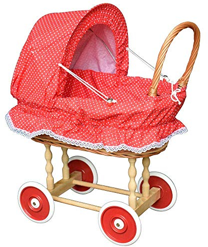 YULKA Puppenwagen aus Weide Holz Weidenwagen Kinderwagen Weidenpuppenwagen (Rot | Punkte)