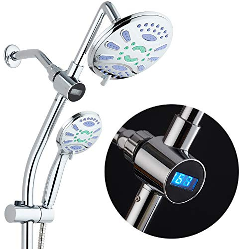 Spa Station 34 Drill-Free Slide Bar with 48-setting Anti-Clog Showerhead Combo & LED Temperature Display / 3-way Rain & Handheld Shower Head - Height Extension Arm - Stainless Steel Hose – Chrome