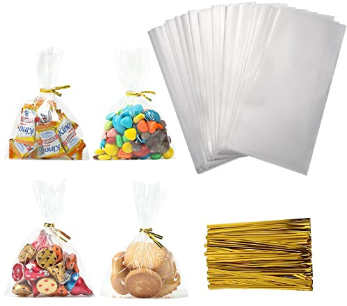 Clear Cellophane Bags, 300 Pack 4 x 6 Inch Small Sweet Bags with 350pcs Twist Ties for Cookies Biscuit Sugars Treats Chocolates Gift Wrap Small Business Food Packaging (1.4 Mil)