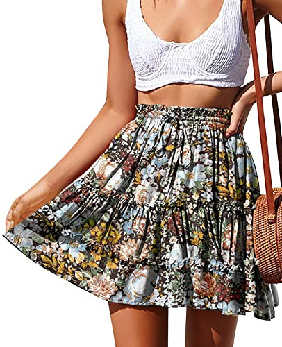 NASHALYLY Women's Summer Boho Floral Print Mini Skirt High Waist Drawstring Tiered Skirts(Flower-25,M)