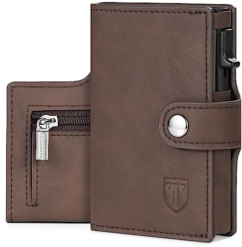 Tomylv Carteras - Bloqueo RFID Cartera Hombre y Mujer, Automática Pop-up Tarjetero Compartimentos para Billetes, Cierre con Botón, Monedero con Cremallera, Caja de Regalo - Marrón