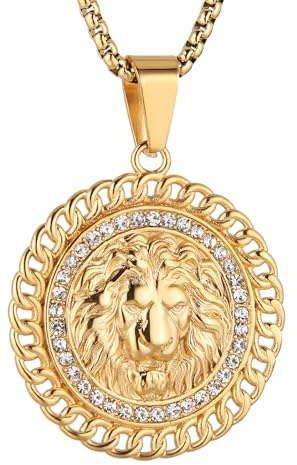 HZMAN 18K Gold Plated Lion Head Medallion Necklace Pendant for Men Stainless Steel Hip Hop Rock Lion King Necklaces Charm Animal Amulet Jewelry