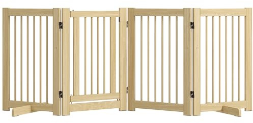 PawHut Absperrgitter Hund Freistehendes Schutzgitter mit Füßen 204 x 75 cm Holz Hundegitter Treppenschutzgitter Türschutzgitter Treppengitter für Treppen, Türen, Küche, Flur, 4 Paneelen, Natur