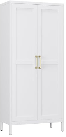 Aobabo Metal Office Shaker Storage Cabinet with 3 Adjustable Shelves Home Pantry White Heavy-Duty Storage Cabinet,4-Tier Tall Steel Cabinets for Living Room,Assembly Required