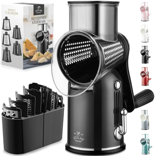 Zulay Kitchen Käsereibe Manuell mit 5 Trommeln - Reibe Edelstahl Handkurbel Gemüsereibe & Parmesanreibe, Käsereibe mit starker Saugkraft, runde Reibe Spätzlehobel, Küchenreibe mit Kurbel, Swcharz