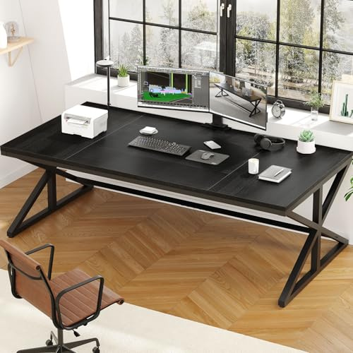 IBF Black Computer Desk, Large Modern Wood Home Office Desk, Long Industrial Pc Study Gaming Work Writing Table for 2 Person, Farmhouse Double Workstation Executive Desk with Storage in Bedroom 180CM