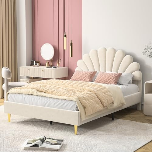 BRILVERDE Letto imbottito 140 x 200 cm, letto matrimoniale in velluto, con gambe in ferro dorato, testiera regolabile in altezza (Beige)