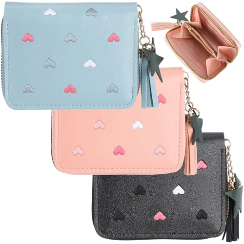 3 Stück Geldbörse Mädchen, Geldbeutel Kinder, PU Leder Mini Portmonee Kinder mit Quaste und Reißverschluss für Teenager Mädchen Frauen (Blau Rosa Schwarz)
