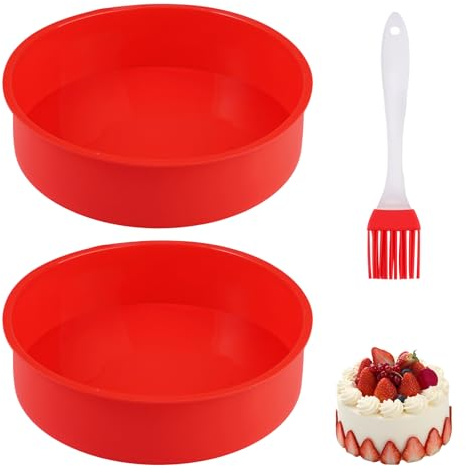 20cm rund silikonbakform med 2 kakformar silikon, 1 silikonpensel | non-stick silikonbakform, rund för ostkaka, chiffongtårta, pizza, ytkaka och regnbågskaka, BPA-fri