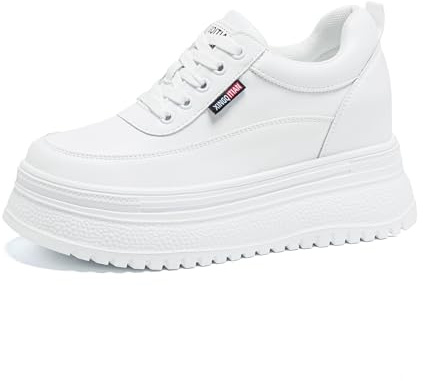 AONETIGER Baskets à Talon Compensées Femmes Semelle Plateforme Chaussure de Sport Légères Cuir Baskets Talon de 8 cm Mode Casual Lacets Sneakers (1328 Blanc,39EU)